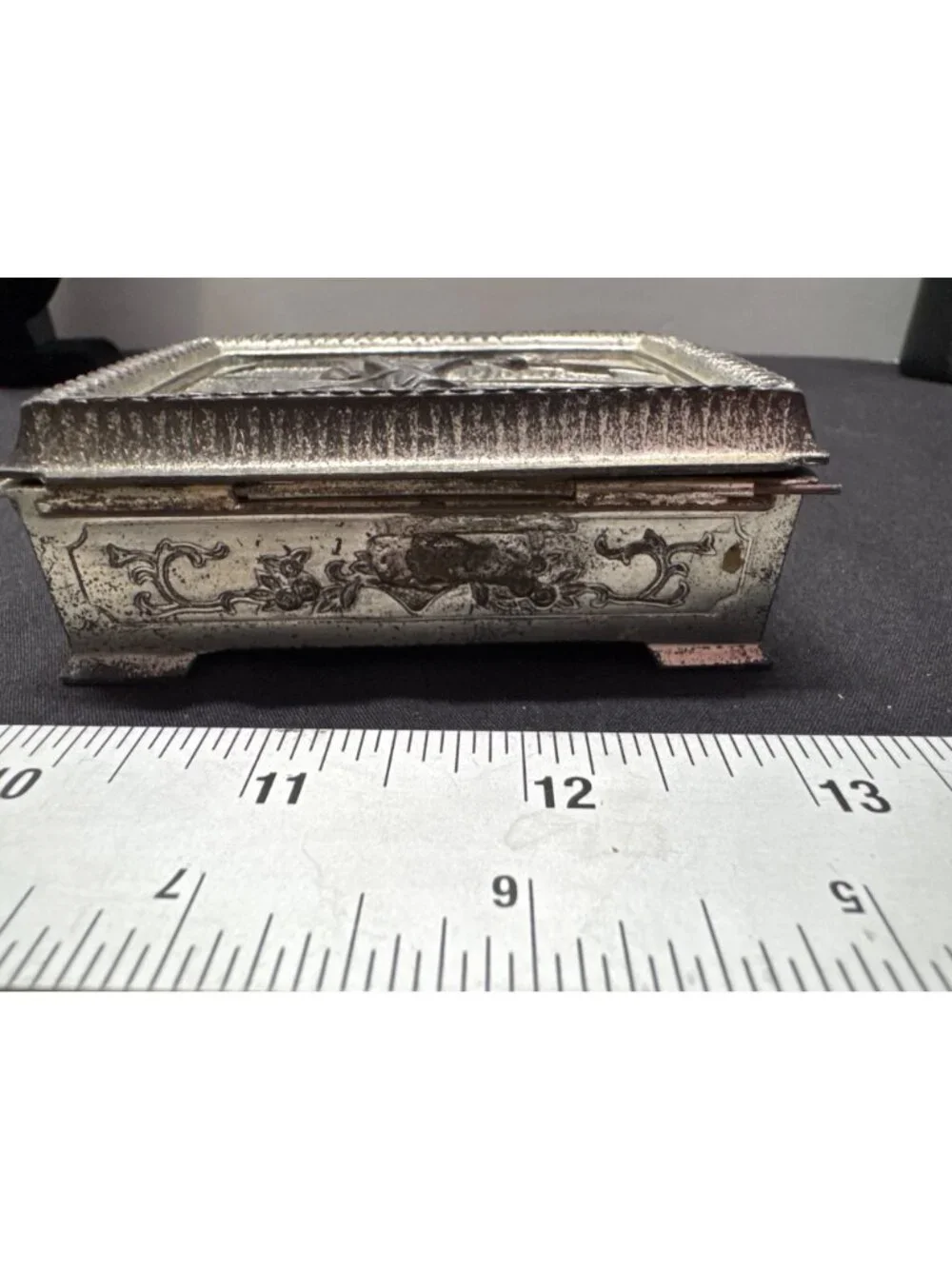 Vintage Silver-Plated Jewelry Trinket Box Embossed Lady & Swan Design Made In Ja